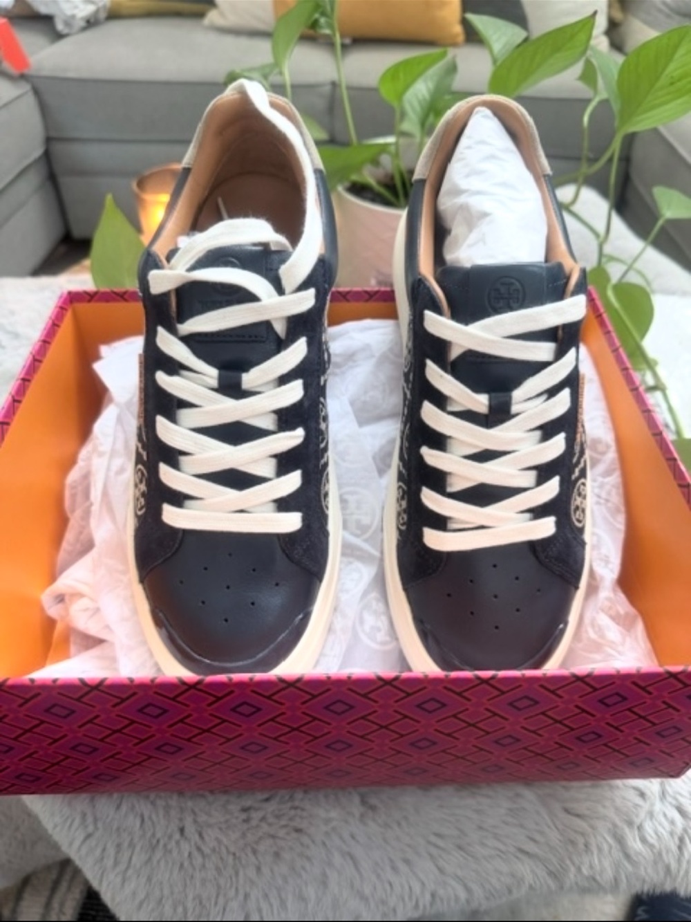 Tory Burch Navy and White Leather Lace-Up Sneakers